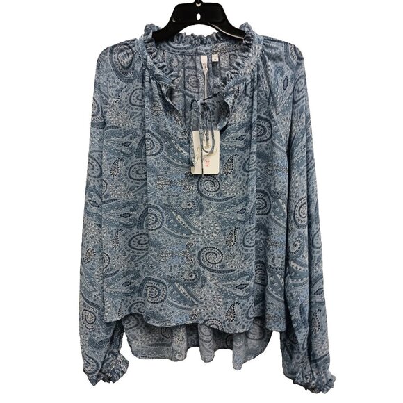 Elan Womens BOHO Cottagecore Blouse Top Medium Blue Paisley Chiffon Ruffle NWT - Picture 1 of 11